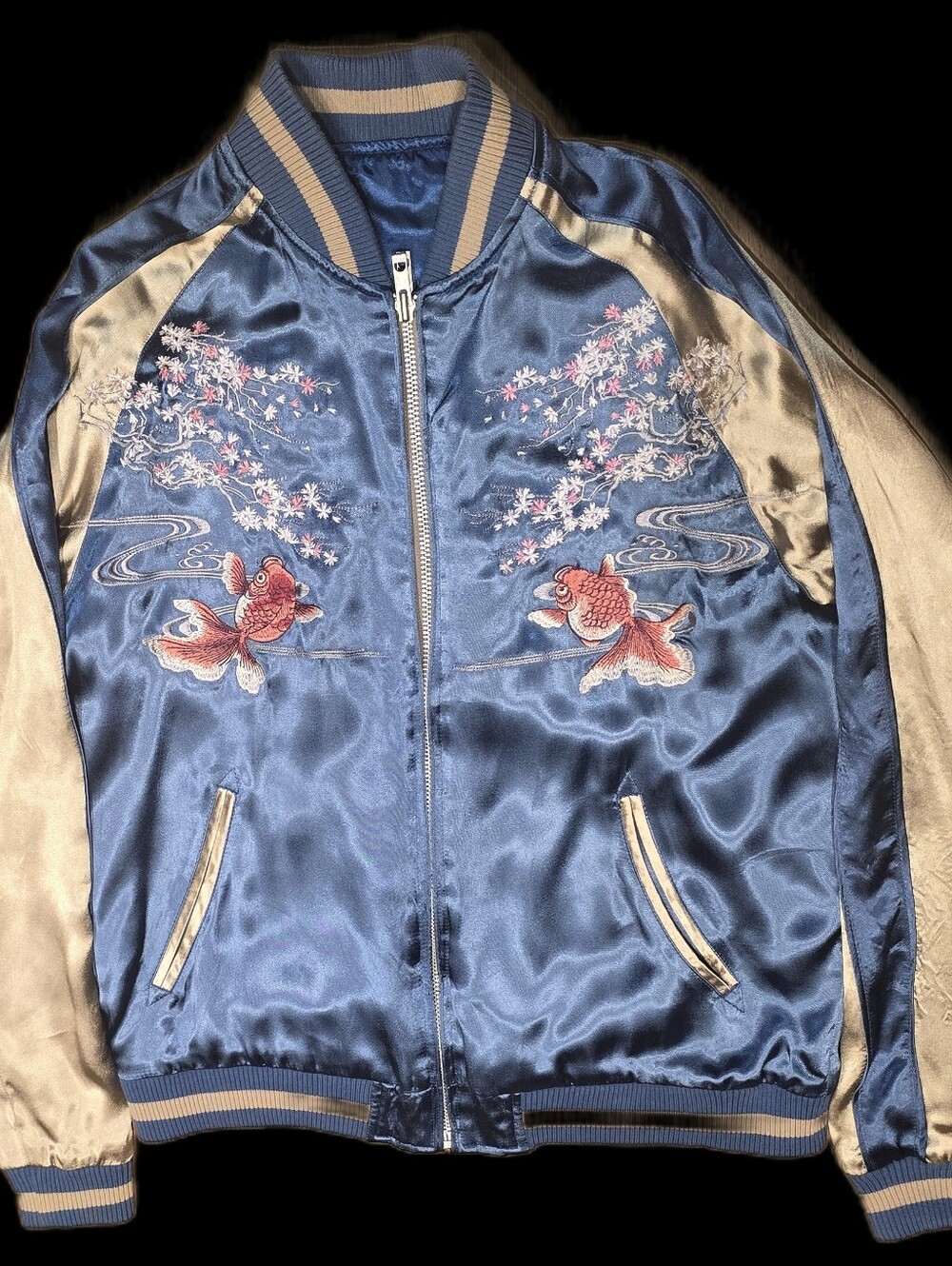 Japanese Blue Satin Embroidered Koi Bomber Jacket